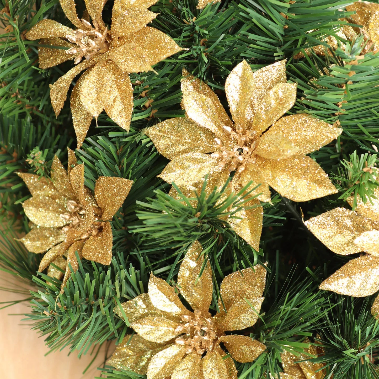 Sparkling Gold Glitter Poinsettia Picks - 4-Inch Decorative Floral Accents, Pack of 24