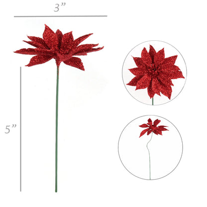 4" Premium Artificial Red Poinsettia Pick with Sparkling Glitter, Perfect for Christmas, Holiday Decor & Seasonal Arrangements
