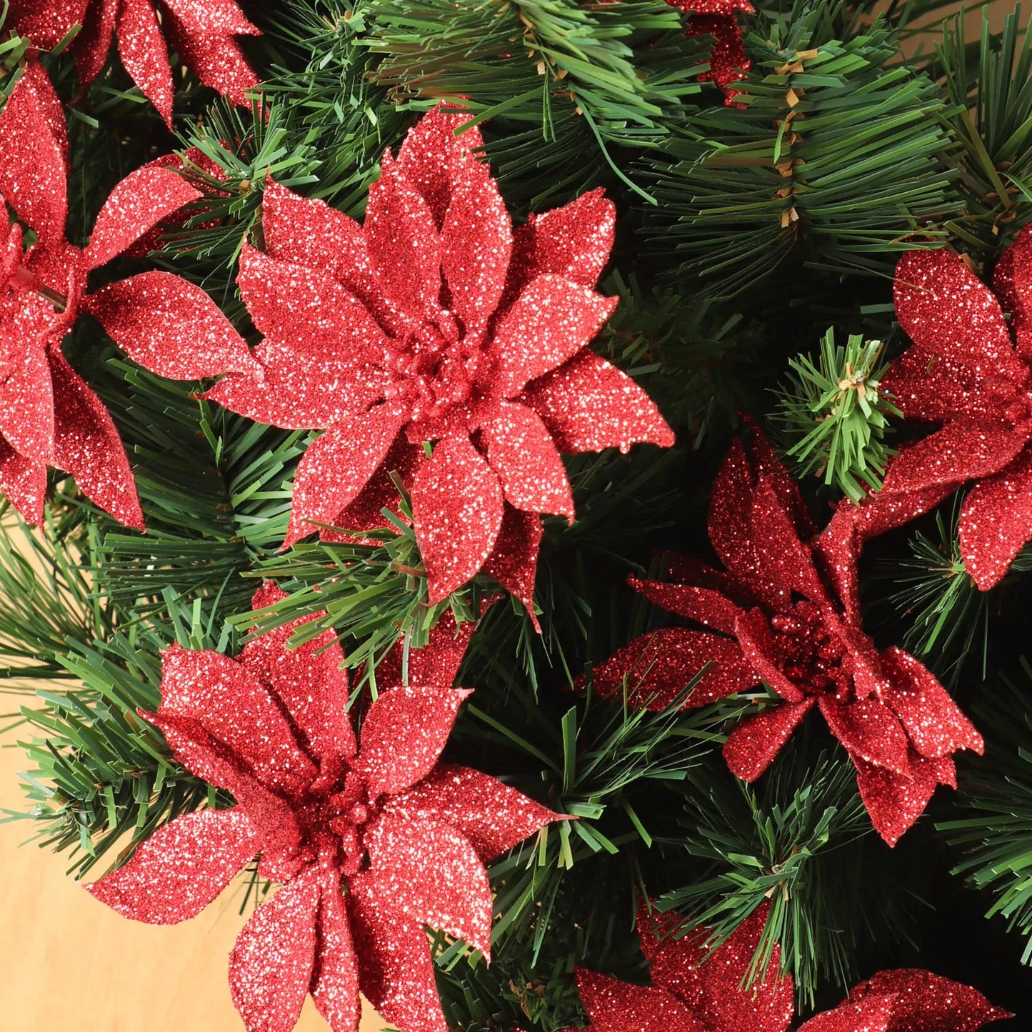 Premium Artificial Red Poinsettia Pick with Sparkling Glitter - 4 Inches