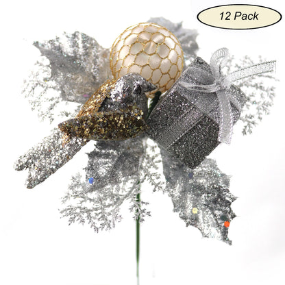 Christmas Ornament Picks Silver- 7" (24 Pieces)