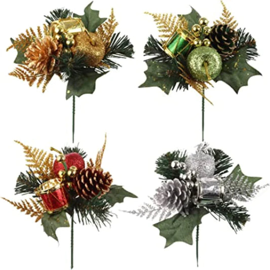 Sparkling Glitter Wreath Picks with Decorative Fruit Cones, Set of 4 Pieces, Perfect for Christmas, Holiday Decor & Seasonal Arrangements