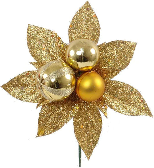 Artificial Gold Glitter Christmas Ornament Poinsettia Pick- 5" x 5"