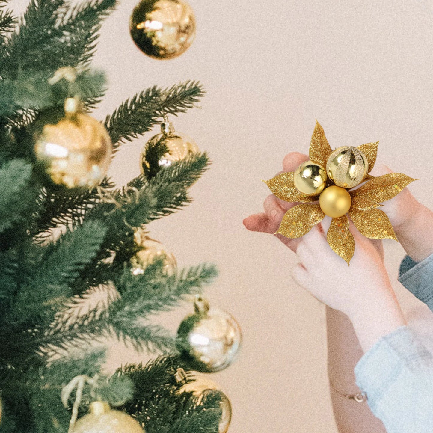 Artificial Gold Glitter Christmas Ornament Poinsettia Pick- 5" x 5"