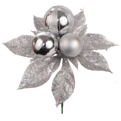 Silver Glitter Christmas Ornament Poinsettia Pick-  5" x 5"