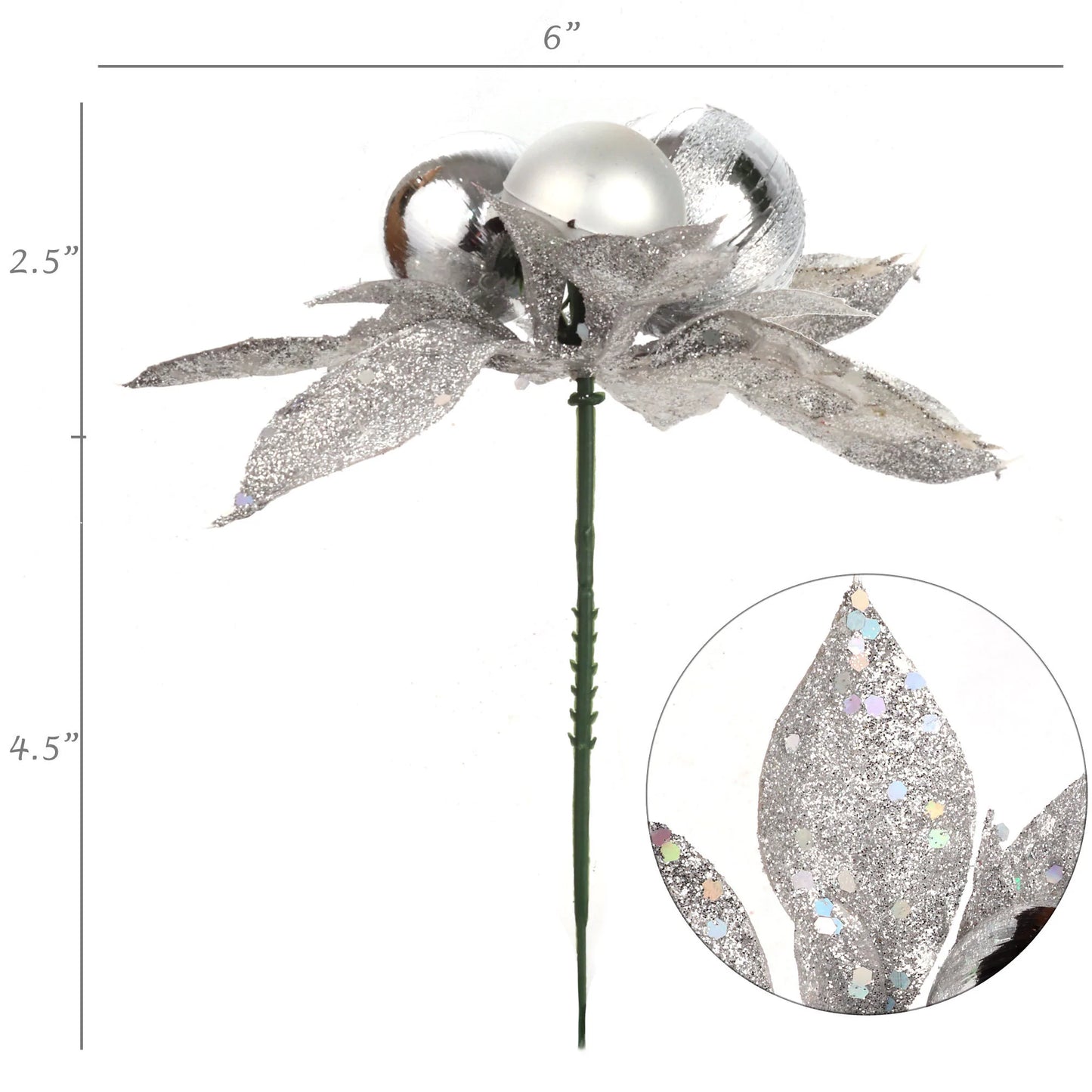 Silver Glitter Christmas Ornament Poinsettia Pick-  5" x 5"