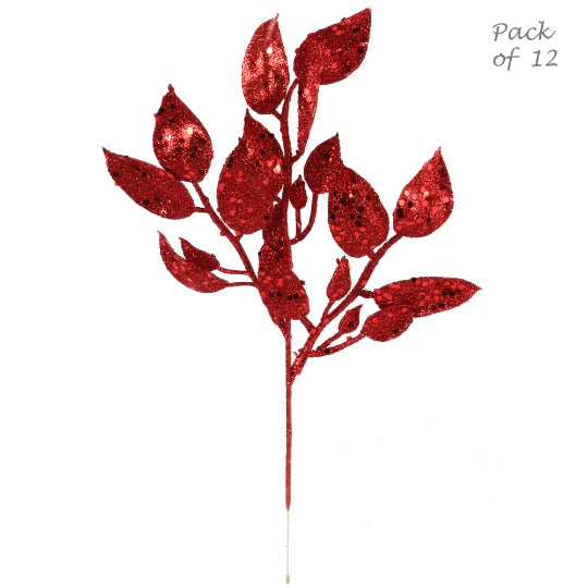 Red Salal Leaf Sprays (12)  Artificial Glitter Christmas Branch 20"