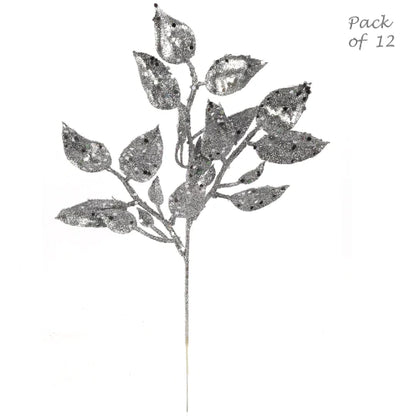 Silver Salal Leaf Sprays (12)  Artificial Glitter Christmas Branch 20"