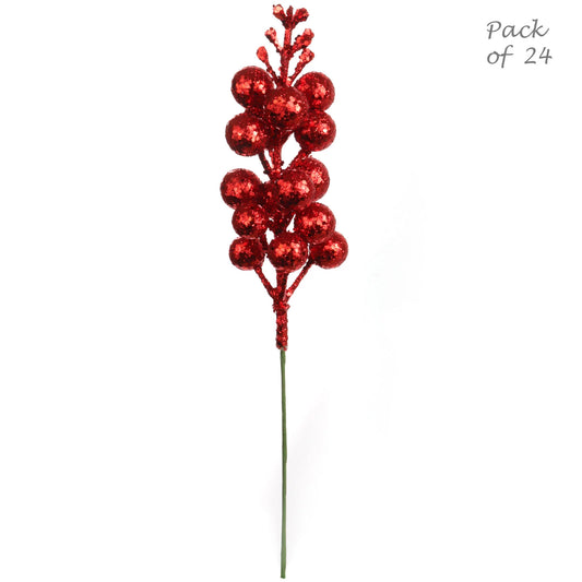 Artificial Christmas Berry Spray Red Glitter Sequin 15 Berries- 9" (24 Pieces)