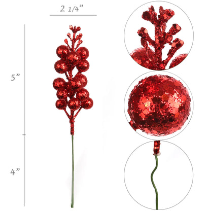 Artificial Christmas Berry Spray Red Glitter Sequin 15 Berries- 9" (24 Pieces)
