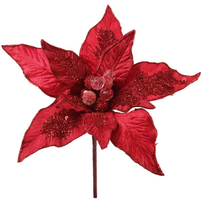 Red Poinsettia Velvet Pick, 3 Pieces, 11" x 9", Perfect for Christmas, Holiday Decor & Floral Arrangements
