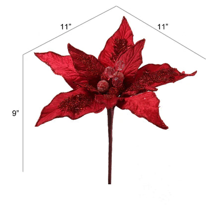 Red Poinsettia Velvet Pick, 3 Pieces, 11" x 9", Perfect for Christmas, Holiday Decor & Floral Arrangements