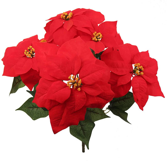 Artificial Red Poinsettia Bush,  7 Velvet Heads,- 20" WEATHERPROOF!