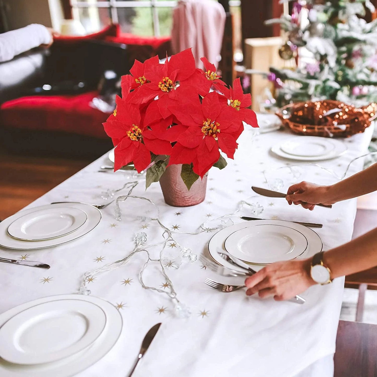 20" Poinsettia Bush | 7 Blooms | Lifelike Silk Flowers | Elegant Holiday Décor | Indoor/Outdoor Use | Christmas Floral Accents | Home, Office, & Event Display