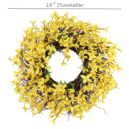 16" Artificial Forsythia Wreath on Grapevine Ring, Lifelike Yellow Floral, Perfect for Spring & Seasonal Decor, Ideal for Home & Christmas Front Door Decorations