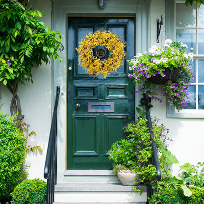 16" Artificial Forsythia Wreath on Grapevine Ring, Lifelike Yellow Floral, Perfect for Spring & Seasonal Decor, Ideal for Home & Christmas Front Door Decorations