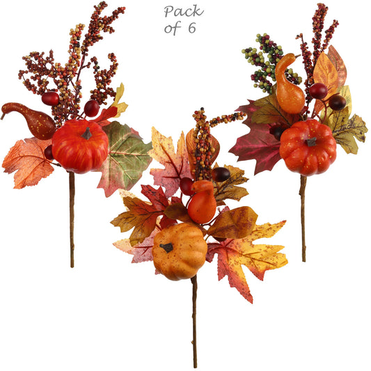 Premium Artificial Autumn Pumpkin Picks - 2 Sets, 3 Assorted Designs, 15 Inch