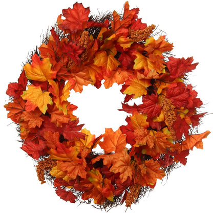 18" Autumn Splendor Maple Leaf Wreath, Vibrant Orange Silk Leaves, Perfect for Fall & Thanksgiving Decor, Outdoor Front Door & Home Display