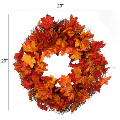 18" Autumn Splendor Maple Leaf Wreath, Vibrant Orange Silk Leaves, Perfect for Fall & Thanksgiving Decor, Outdoor Front Door & Home Display