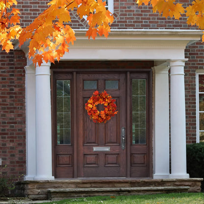 18" Autumn Splendor Maple Leaf Wreath, Vibrant Orange Silk Leaves, Perfect for Fall & Thanksgiving Decor, Outdoor Front Door & Home Display