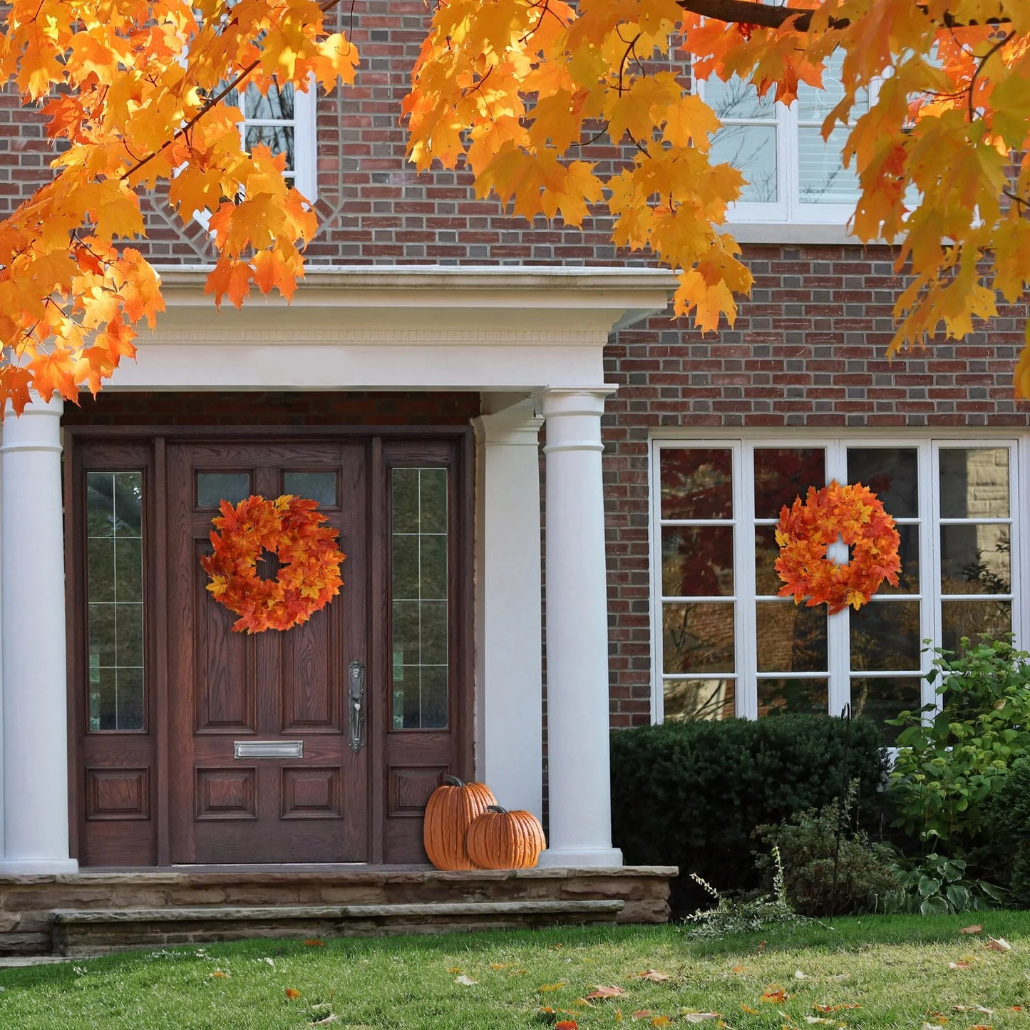 24" Autumn Splendor Maple Leaf Wreath, Multi-Colored Silk Foliage, Perfect for Thanksgiving & Fall Home or Office Decoration, Outdoor Front Door Display