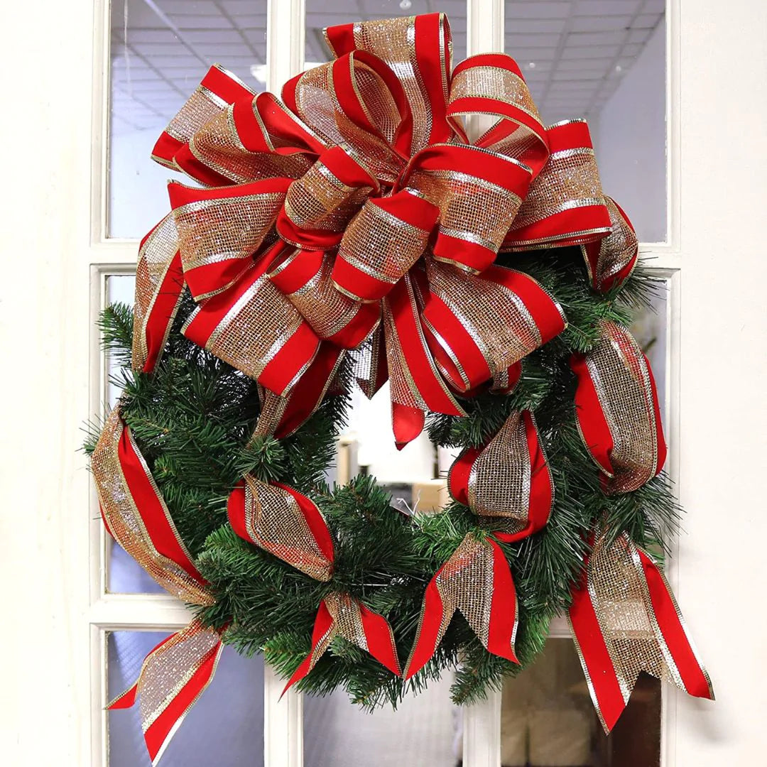 Large Red Velvet & Gold Mesh Bow Attached 20" Holiday Christmas Wreath