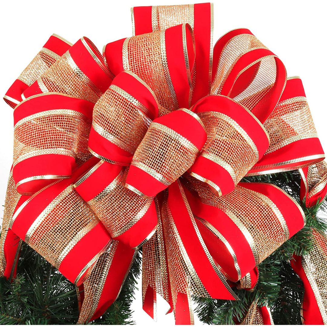 Large Red Velvet & Gold Mesh Bow Attached 20" Holiday Christmas Wreath