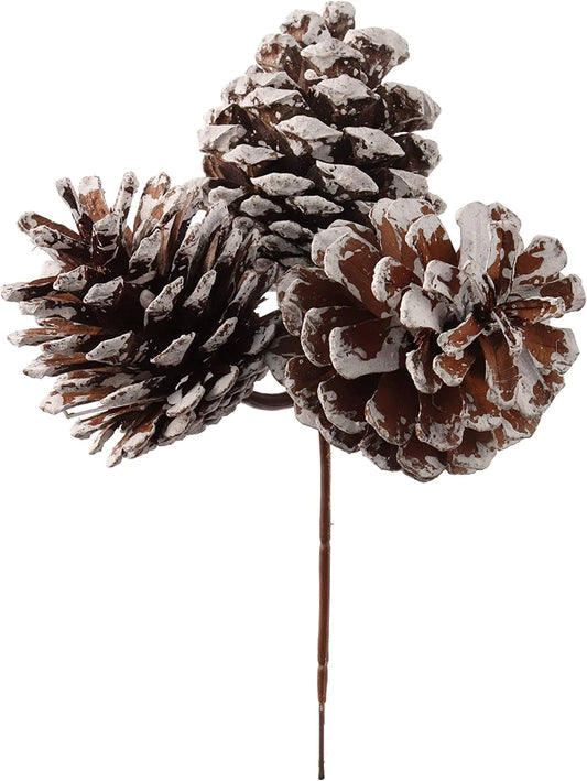 White Tipped Pine Cone Spray, 3 Perfect 2.5" Pine Cones on Bendable Stem, Ideal for Christmas Decorations, Floral Arrangements & Seasonal Crafts