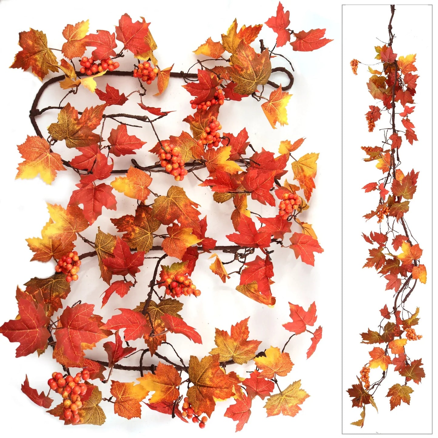 9ft Autumn Maple Leaf Garland with Silk Leaves | Realistic Berries | Fall Thanksgiving Accents | Weatherproof Indoor/Outdoor Use | Home & Office Decor