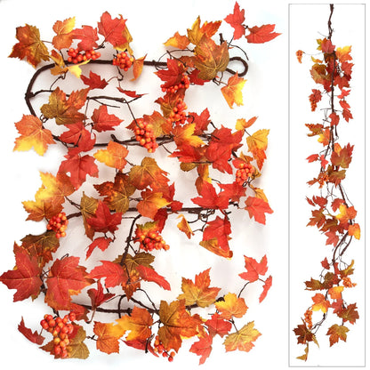 9ft Autumn Maple Leaf Garland with Silk Leaves, Realistic Berries, Fall Thanksgiving Accents, Weatherproof Indoor/Outdoor Use, Home & Office Decor for Christmas & Seasonal Display