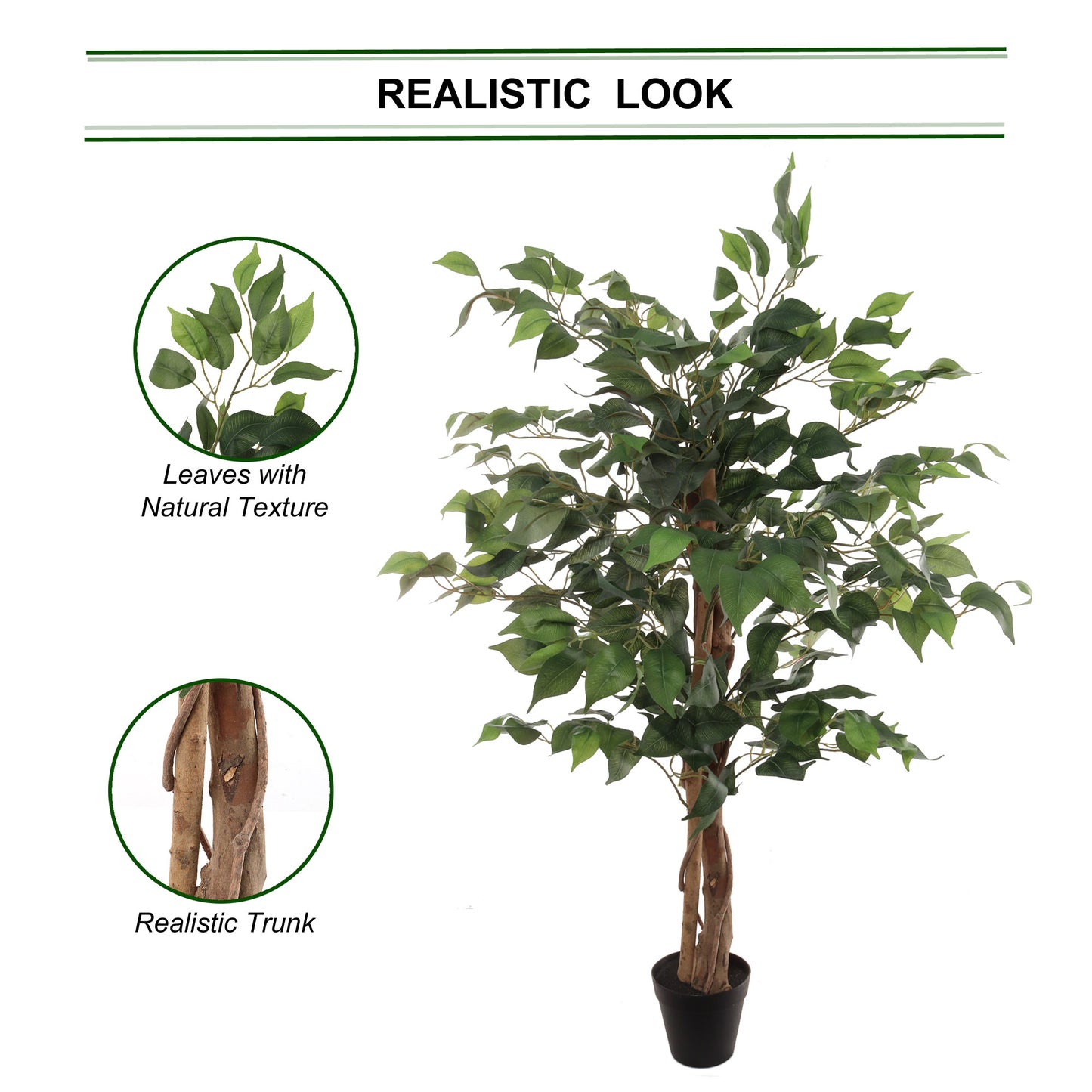 3" Artificial Ficus Tree with 378 Leaves - Realistic Indoor Decor, Low Maintenance Greenery - Perfect for Home, Office & Patio