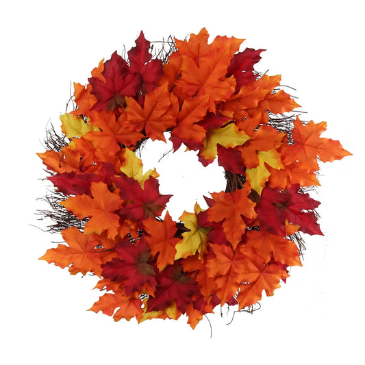 18" Artificial Maple Leaf Wreath with Grapevine Base | Silk Leaves | Fall Wreath for Indoor and Outdoor Use | Includes 3 Stems | Thanksgiving Home & Office Decor