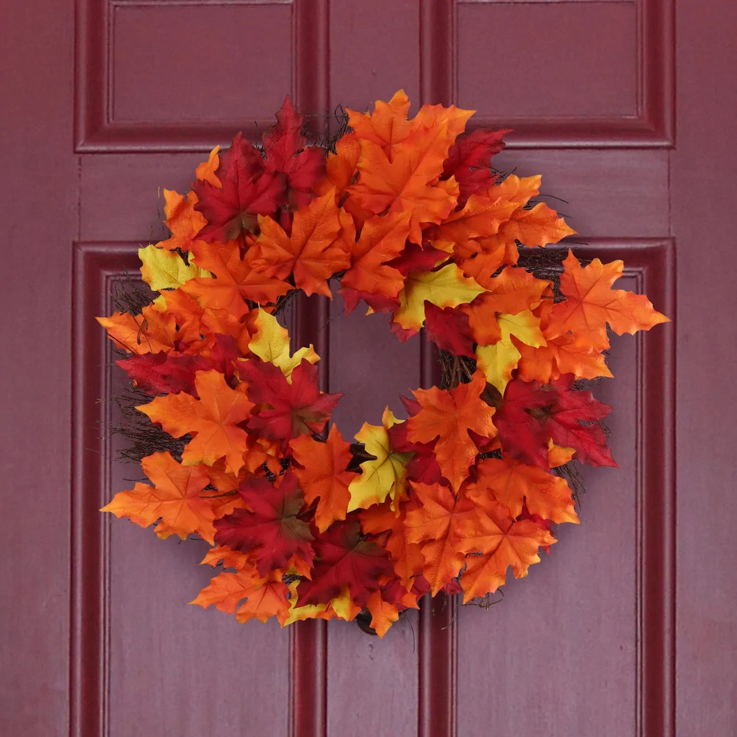 18" Artificial Maple Leaf Wreath with Grapevine Base, Silk Leaves, Fall and Christmas Decoration, Indoor & Outdoor Use, Thanksgiving & Holiday Home Decor