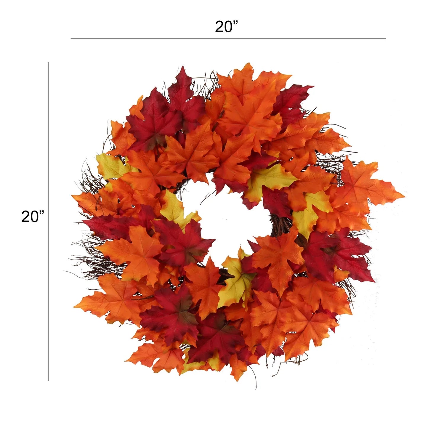 18" Artificial Maple Leaf Wreath with Grapevine Base, Silk Leaves, Fall and Christmas Decoration, Indoor & Outdoor Use, Thanksgiving & Holiday Home Decor