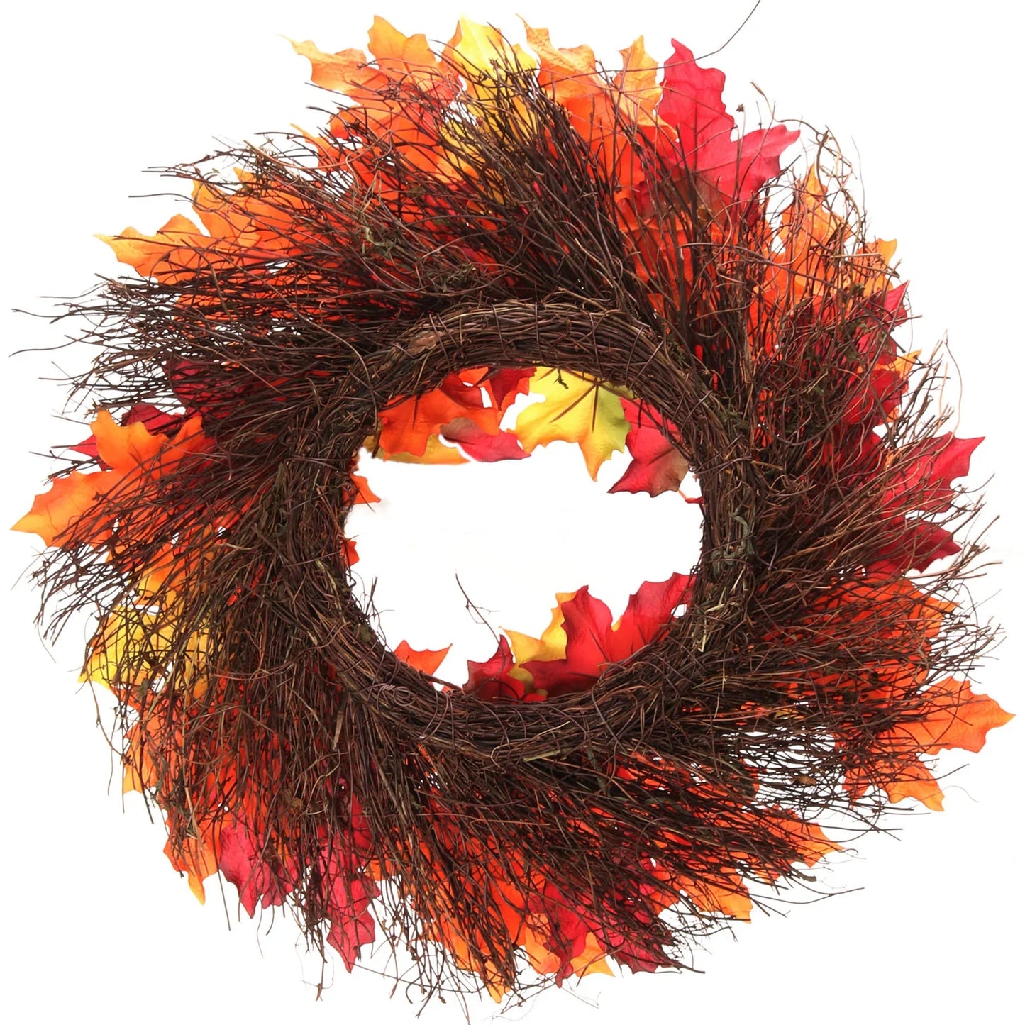 18" Artificial Maple Leaf Wreath with Grapevine Base, Silk Leaves, Fall and Christmas Decoration, Indoor & Outdoor Use, Thanksgiving & Holiday Home Decor