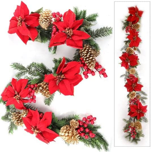 5-Foot Artificial Christmas Garland with Poinsettias, Berries, Pine, Gold Cones, and Lush Foliage - Festive Holiday Decor