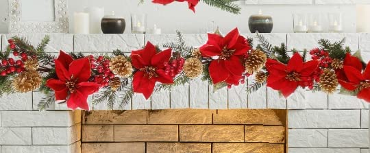 5-Foot Artificial Christmas Garland with Poinsettias, Berries, Pine, Gold Cones, and Lush Foliage - Festive Holiday Decor