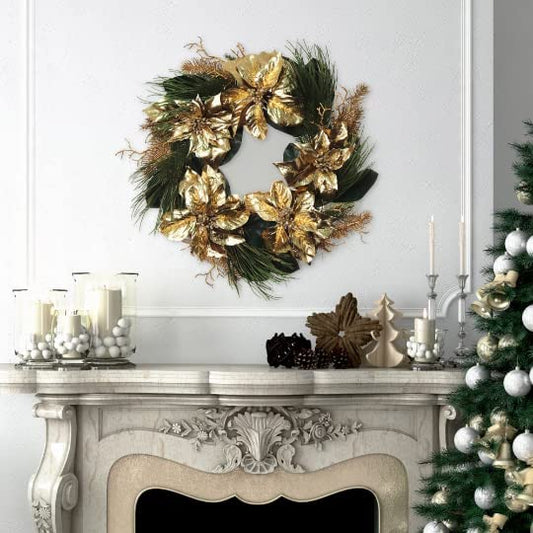 Premium 22-Inch Christmas Wreath with Gold Poinsettias, Lush Berries, and Pine Branches - Elegant Holiday Decor