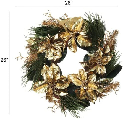 Premium 22-Inch Christmas Wreath with Gold Poinsettias, Lush Berries, and Pine Branches - Elegant Holiday Decor