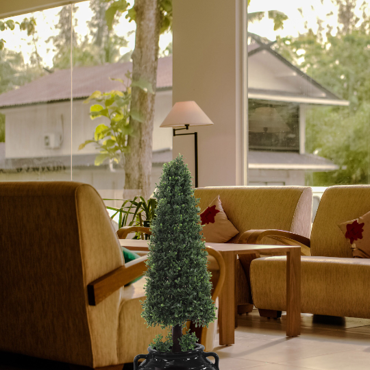 Nature's Grace Preserved - 30" Pre-Potted Artificial Boxwood Tree Topiary Cone, Lifelike Beauty, and Effortless Elegance