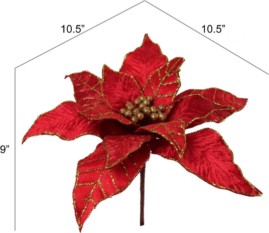 Artificial Flower Velvet Poinsettia 10.5" Dia - 12 Petal for Home Decor, Wedding, Christmas