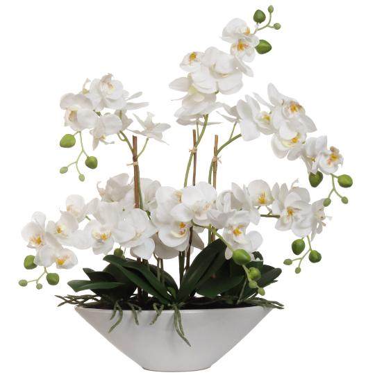 Artificial 18" White Orchid Flower in White Vase - Lifelike Faux Floral Decor, Elegant Home & Office Accent, Low-Maintenance Indoor Plant, Realistic Design, Perfect Gift